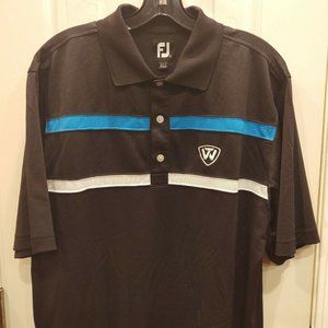 Footjoy Mens Polo Shirt Medium Black Blue Striped Short Sleeve Golf Embroidered
